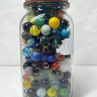 MASON JAR OF VINTAGE GLASS MARBLES