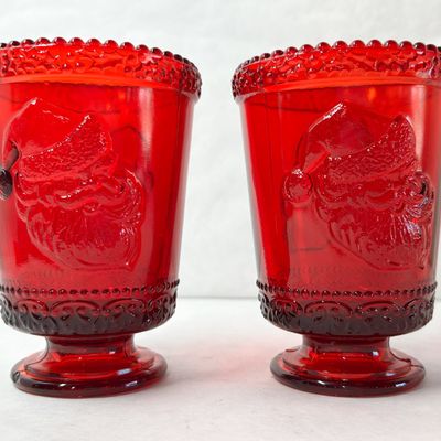 MOSSER RUBY RED GLASS SANTA CUPS