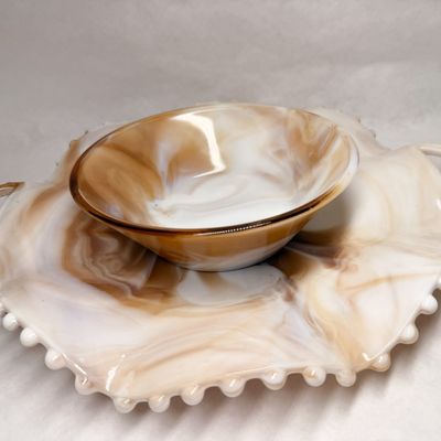 CARAMEL SLAG GLASS SERVING SET, VINTAGE