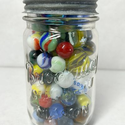 BROCKWAY GLASS JAR OF VINTAGE MARBLES