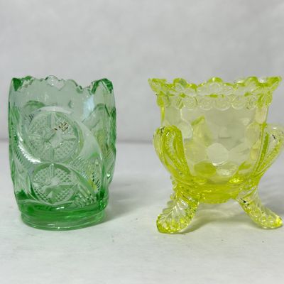 TWO PRESSED GLASS TOOTHPICK HOLDERS, 1900