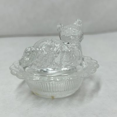 CLEAR PRESSED GLASS CAT ON NEST