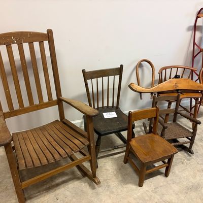 Sale Photo Thumbnail #9: Antique wooden chairs and sled.