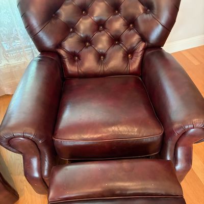 Sale Photo Thumbnail #79: 2x Ethan Allen Cromwelll Tufted Leather Chairs