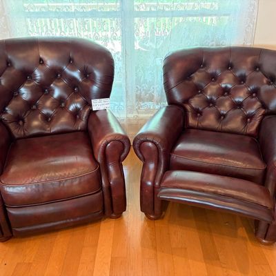 Sale Photo Thumbnail #77: 2x Ethan Allen Cromwelll Tufted Leather Chairs