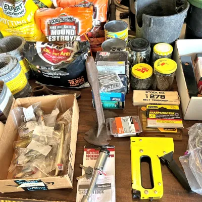 Sale Photo Thumbnail #74: Fishing lures in the box on the left, and misc. tools / garage items