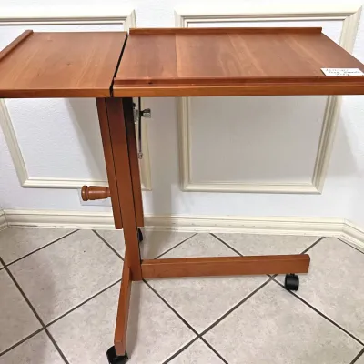 Sale Photo Thumbnail #8: LEVENGER Teak rolling adjustable table made in Denmark