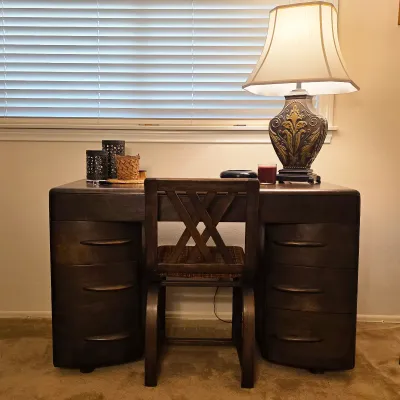 Heywood-Wakefield M320 Kneehole Desk & Double-X Chair Set