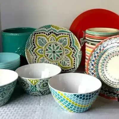 Colorful Plastic Dinnerware with Ceramic Canister & Utensil Crock