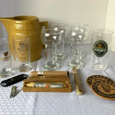 Beer Glasses, Stoneware Pitcher & Vintage Cigar Accessories
