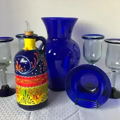     Decorative Cobalt Blue Glass & Hand-Painted Ceramic Accent Pieces