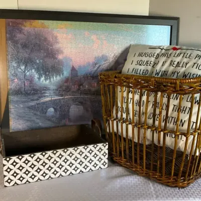 Home Décor Assortment with Framed Puzzle Art, Wicker Basket & Keepsake Pillow 