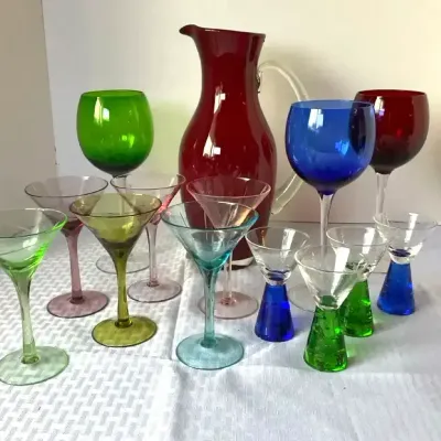 Colorful Art Glass Stemware, Martini Glasses & Pitcher Collection