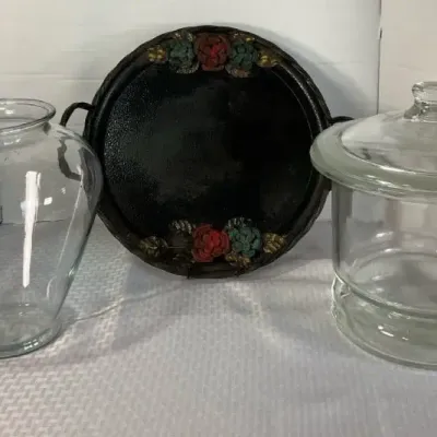 Decorative Glass Vase, Apothecary Jar & Floral Metal Tray