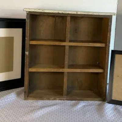 Primitive Cubby Shelf & Black Picture Frames