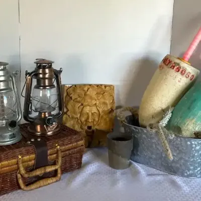 Rustic Decor Collection with Lanterns, Picnic Basket & Buoys