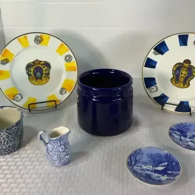 Assorted Decorative Pottery, Plates & Blue Transferware Coasters