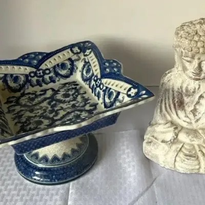 Blue & White Pedestal Bowl & Buddha Statue Decor