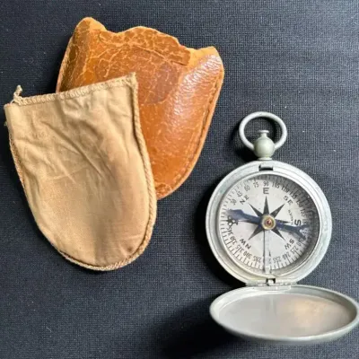 WWII-Era U.S. Wittnauer Military Pocket Compass with Cloth Pouch & Leather Case