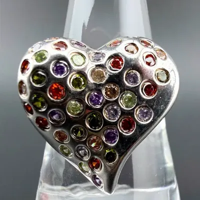 Multicolor Stone Sterling Silver Heart Ring