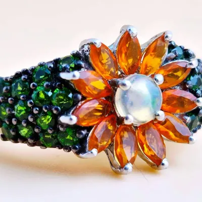 Opal & Chrome Diopside Sterling Silver Cluster Ring 