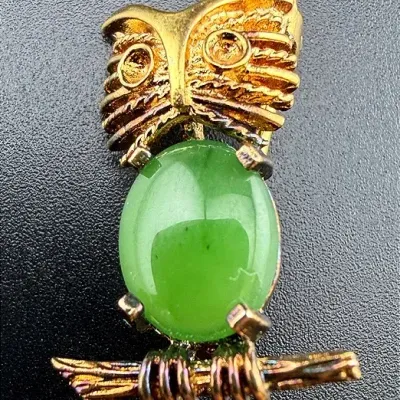 Jadeite Gold Vermeil Sterling Silver Owl Brooch