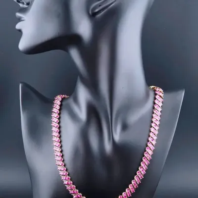 34.65ctw Pink Sapphire Gold Vermeil Sterling Silver 3 Row Tennis Necklace 