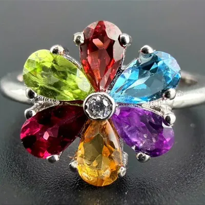 Multicolor Gemstone Sterling Silver Flower Ring