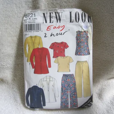 Sale Photo Thumbnail #41: Vintage New Look sewing pattern number 6721. Size A (S-XXL). Features "Easy 2 hour" designs for jackets, tops, and pants. The envelope shows some wear, creasing, and minor writing on the front. Pattern pieces and instructions are enclosed (unchecked for c