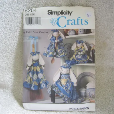 Sale Photo Thumbnail #2: Vintage Simplicity Crafts sewing pattern number 8264, designed by Faith Van Zanten. This pattern includes templates and instructions to make various country-style bunny dolls, including a broom bunny, spoon bunny, and sitting bunnies. One size. The envelo