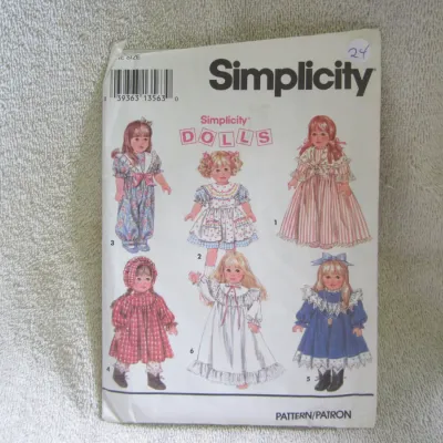Sale Photo Thumbnail #25: Vintage Simplicity sewing pattern envelope for doll clothing, featuring six different dress and outfit designs. The envelope shows minor wear, creasing at the top left corner, and a handwritten number '24' on the front cover. Ideal for doll collectors and