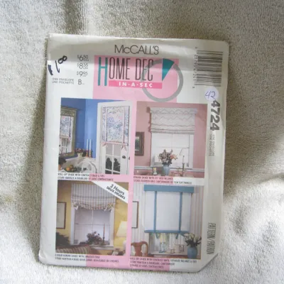 Sale Photo Thumbnail #43: Vintage McCall's 4724 sewing pattern for home decor window treatments, titled 'Home Dec In-A-Sec'. Includes patterns and instructions for roll-up shades, Roman shades with valances, and swagged Roman shades. The envelope shows some light wear and has pric