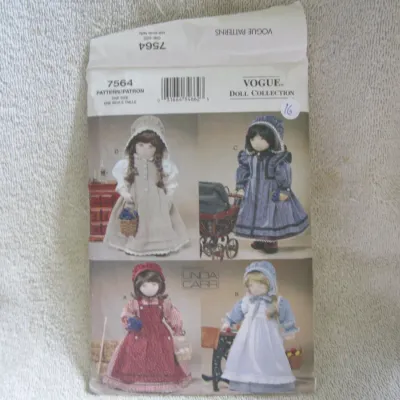 Sale Photo Thumbnail #17: Vintage Vogue Doll Collection sewing pattern number 7564, designed by Linda Carr. Features patterns for doll clothes in one size (styles A, B, C, and D). The paper envelope shows some wear, creasing, and minor tearing consistent with age and storage.