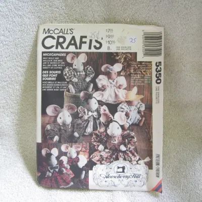 Sale Photo Thumbnail #26: Vintage McCall's Crafts sewing pattern No. 5350 for 'Micecapades' Molly and Malcolm stuffed mice dolls (15 inches tall) and their clothes. Original designs by Gooseberry Hill. The envelope shows some wear, including pencil markings and price stickers on t