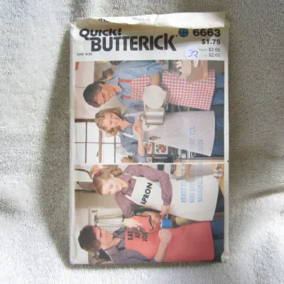 Sale Photo Thumbnail #33: Vintage Quick! Butterick sewing pattern number 6663 for one-size aprons. Features multiple apron styles for men and women as shown on the envelope. The envelope shows some light wear, creasing, and a small sticker on the front.