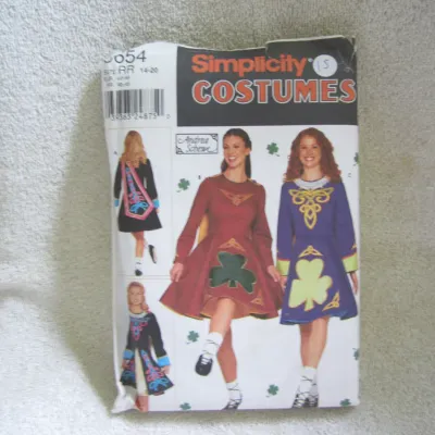 Sale Photo Thumbnail #16: Simplicity sewing pattern 5654 for Celtic/Irish step dance costumes, designed by Andrea Schewe. Size RR (14-20). The envelope shows some light wear, creasing, and a small price sticker on the front. Pattern pieces and instructions are enclosed (completene