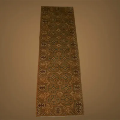 Long brown and olive runner featuring a subtle repeating traditional pattern. Great proportions for a hallway, entry, or other narrow space.