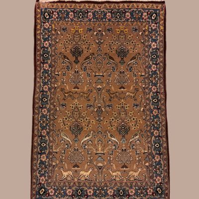 Narrow dark blue runner featuring repeating geometric medallions and subtle rust and ivory detailing.