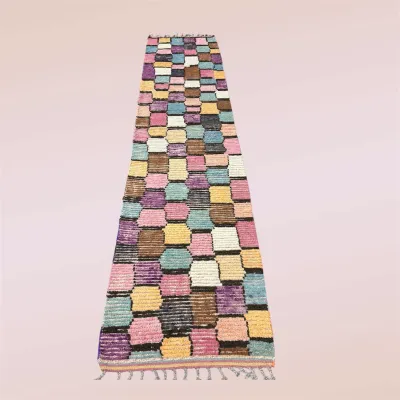 Unique multicolor runner featuring a playful patchwork-style geometric design with individual blocks of pink, blue, yellow, green, and...