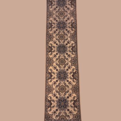 Burgundy and ivory traditional rug featuring a large round central medallion surrounded by intricate floral detailing and decorative...