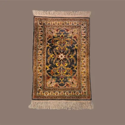 Elegant blue and ivory runner featuring delicate floral motifs, a detailed border, and finished fringe along the ends.