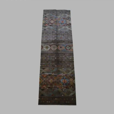 Long blue runner featuring a subtle traditional pattern in muted blue and neutral tones. Ideal for a hallway or narrow entry.