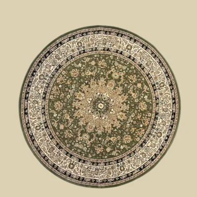 Round green and ivory rug featuring an ornate floral medallion with intricate botanical detailing and a richly patterned outer border.