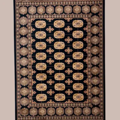 Black and gold traditional rug featuring repeating oval medallions surrounded by an intricate floral and geometric border.