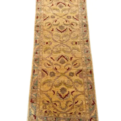 Striking golden yellow runner featuring repeating geometric and floral-inspired motifs with warm rust and brown accents.
