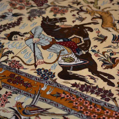 Unique decorative rug featuring bold pictorial motifs, rich black and orange detailing, and an intricate illustrated design.