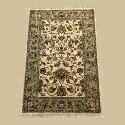 Ivory, olive, and black traditional rug featuring an elegant symmetrical floral design with scrolling botanical motifs and an ornate border.