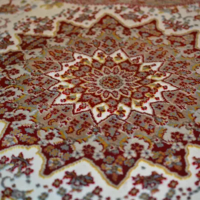 Bold red, ivory, and gold rug featuring a dramatic floral medallion with detailed botanical elements and a richly patterned border.
