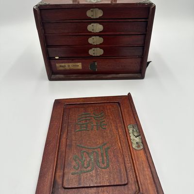 Antique Chinese Bone & Bamboo Mahjong Set in Wooden Cabinet