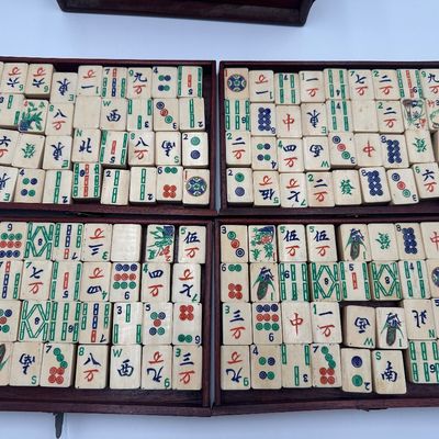 Antique Chinese Bone & Bamboo Mahjong Set in Wooden Cabinet